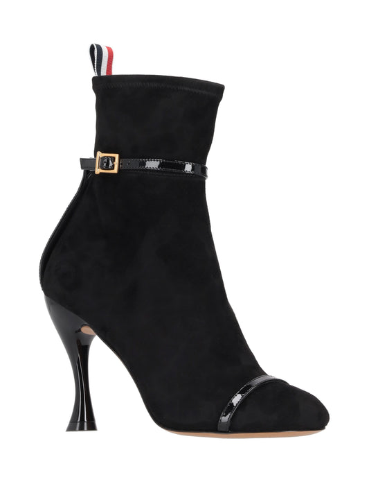 TROMPE L'OEIL 4-BAR SANDAL ANKLE BOOT W/ 105MM ROUND CURVED HEEL IN STRETCH SOFT SUEDE