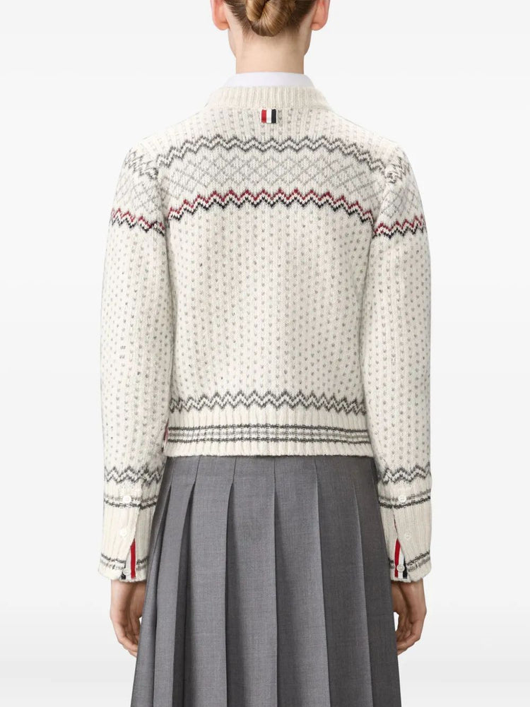 FAIRISLE JERSEY FLOAT JACQUARD CROPPED CREW NECK CARDIGAN IN DONEGAL