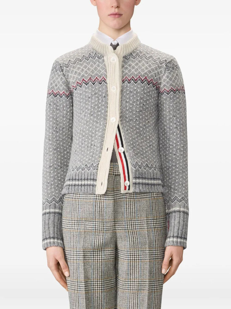 FAIRISLE JERSEY FLOAT JACQUARD CROPPED CREW NECK CARDIGAN IN DONEGAL