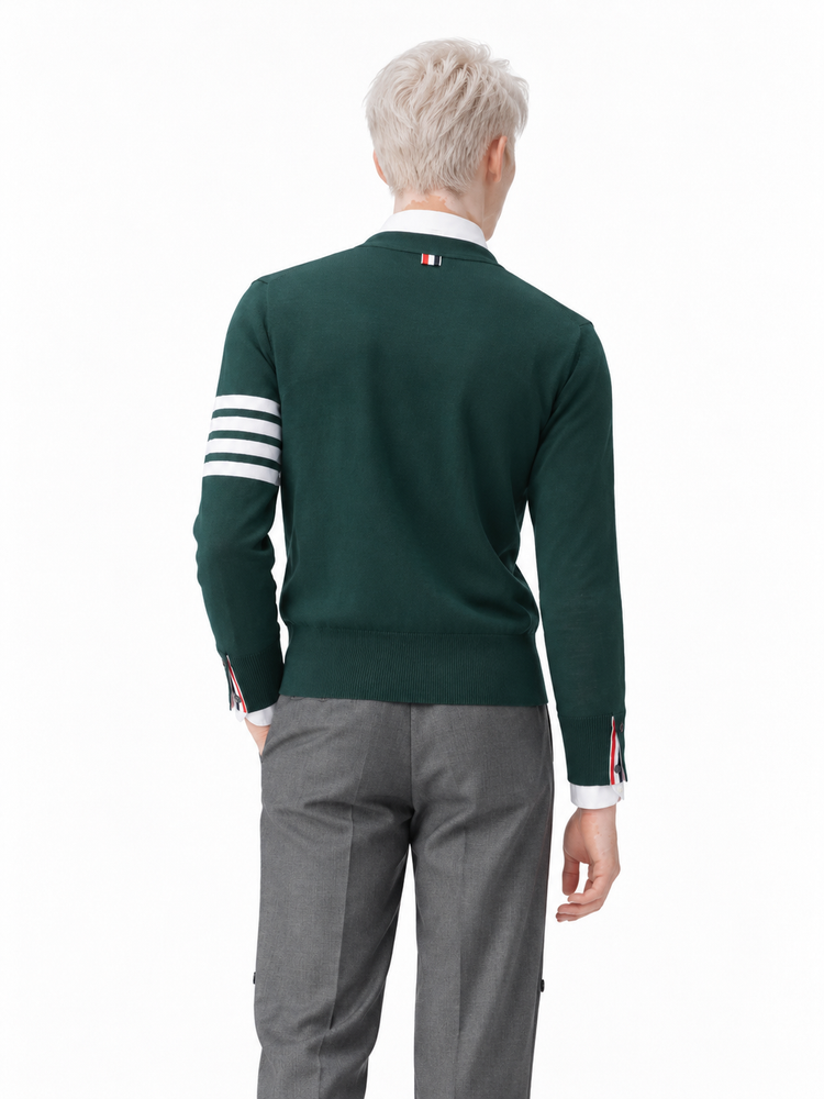 CLASSIC V-NECK CARDIGAN IN FINE MERINO WOOL W/ 4BAR STRIPES