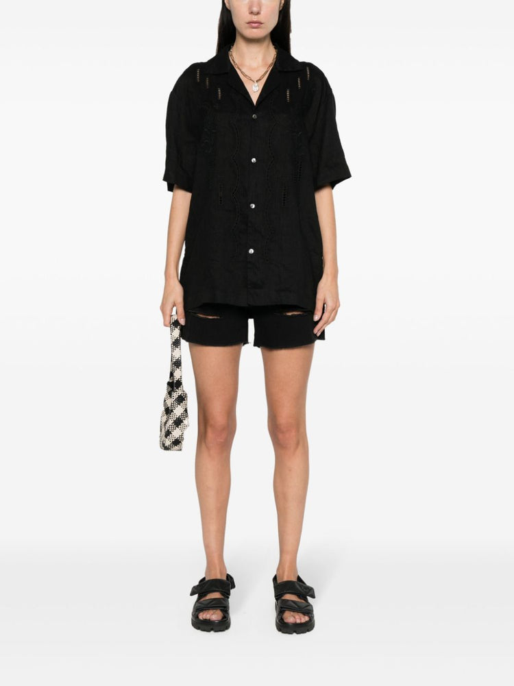 floral-embroidery linen shirt