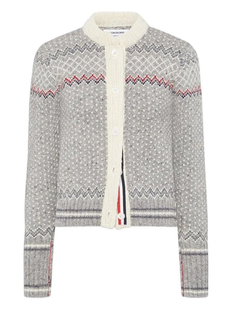 FAIRISLE JERSEY FLOAT JACQUARD CROPPED CREW NECK CARDIGAN IN DONEGAL