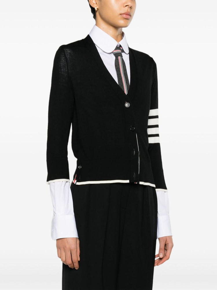 RELAXED FIT V NECK CARDIGAN W/ 4 BAR STRIPE IN FINE MERINO WOOL W/ TIPPING