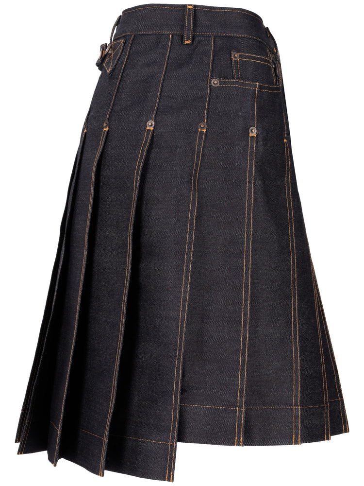 BERMUDA LENGTH CLASSIC 5-POCKET PLEATED SKIRT IN LT WEIGHT JAPANESE SELVEDGE DENIM