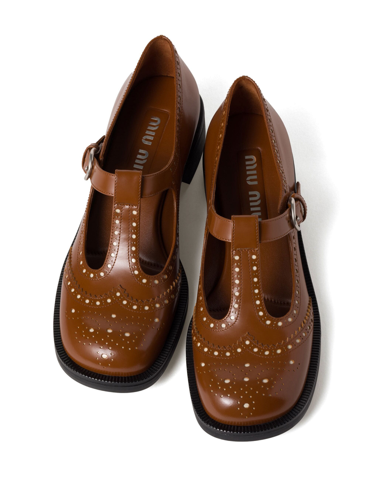 Brushed leather T-strap brogue shoes