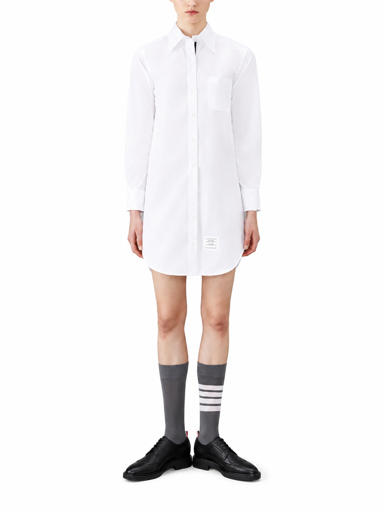 THIGH LENGTH POINT COLLAR SHIRTDRESS W/ RWB GROSGRAIN PLACKET IN SOLID POPLIN