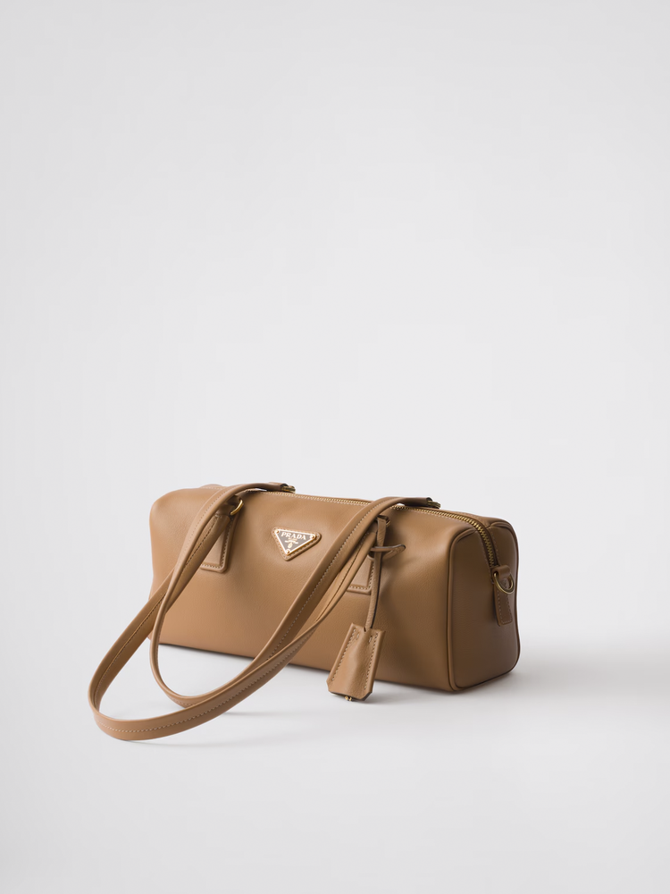 Re-Nylon and leather medium top-handle bag with padlock