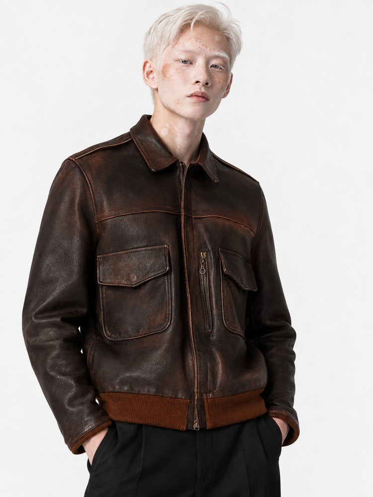 JOURNEY M'S LEATHER BOMBER JACKET WITH PATCH POCKETS LEATHER DISTRESSED EFFECT