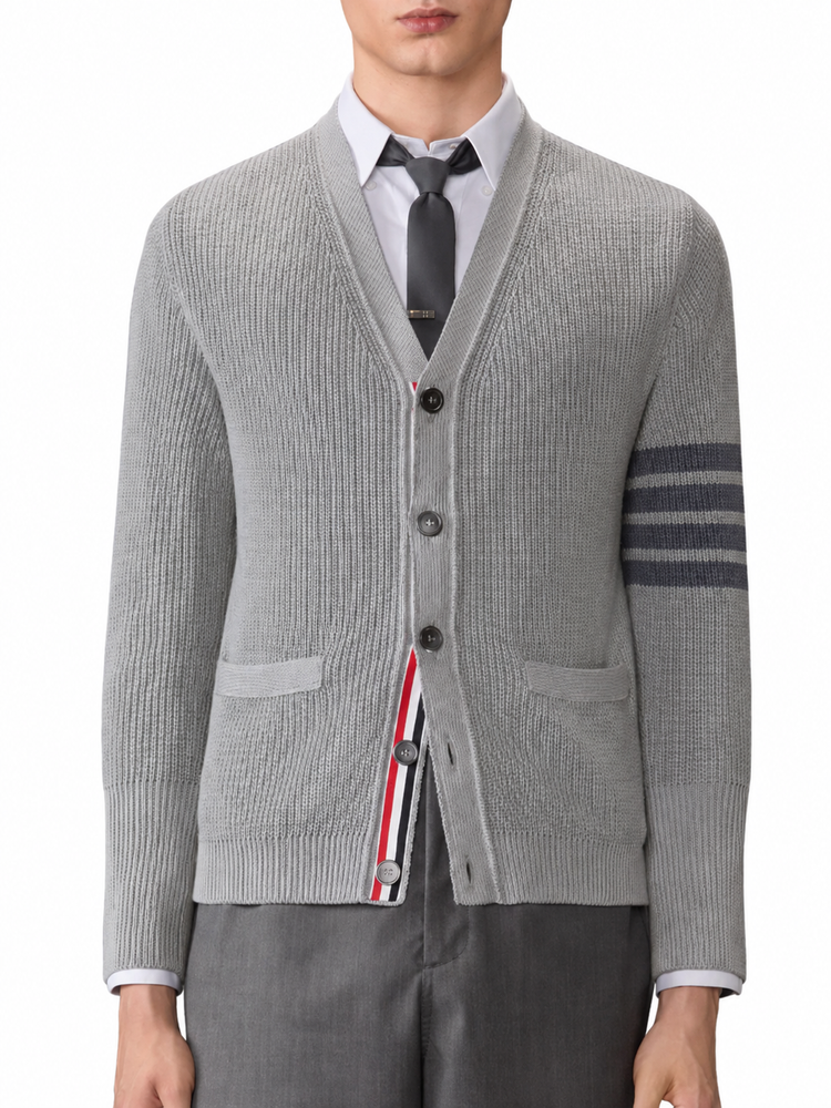 GARMENT DYE CARDIGAN STITCH V NECK CARDIGAN IN COTTON W/ TONAL 4 BAR STRIPE