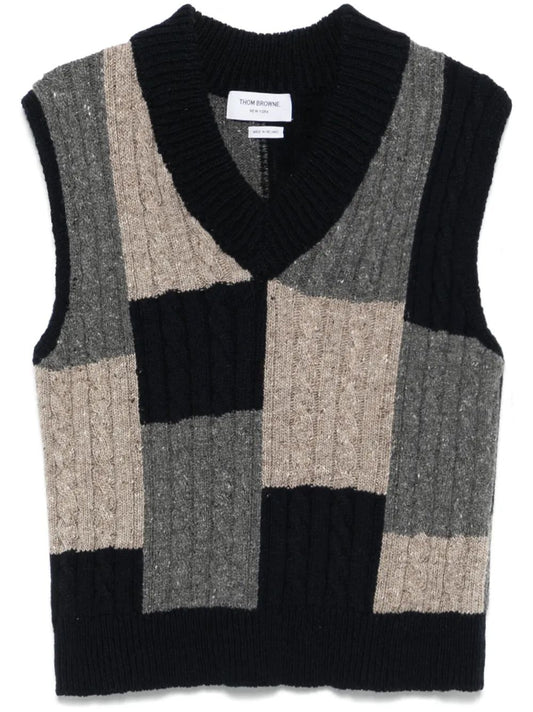 PATCHWORK BABY CABLE INTARSIA V NECK VEST IN DONEGAL