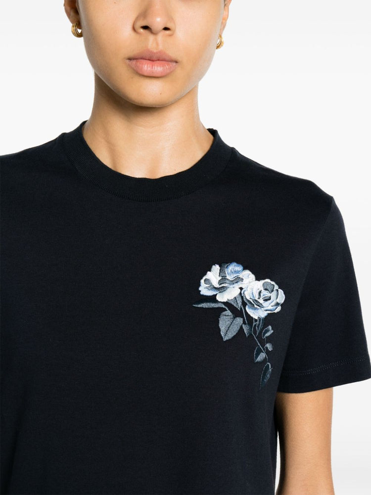 rose-embroidered cotton T-shirt