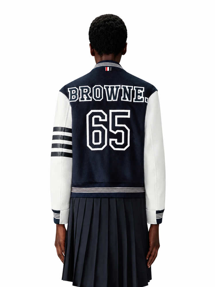 RELAXED FIT VARSITY JACKET W/LEATHER SLEEVES W/ APPLIQUE "BROWNE 65" WOOL AND FELT ZIG ZAG STITCH IN