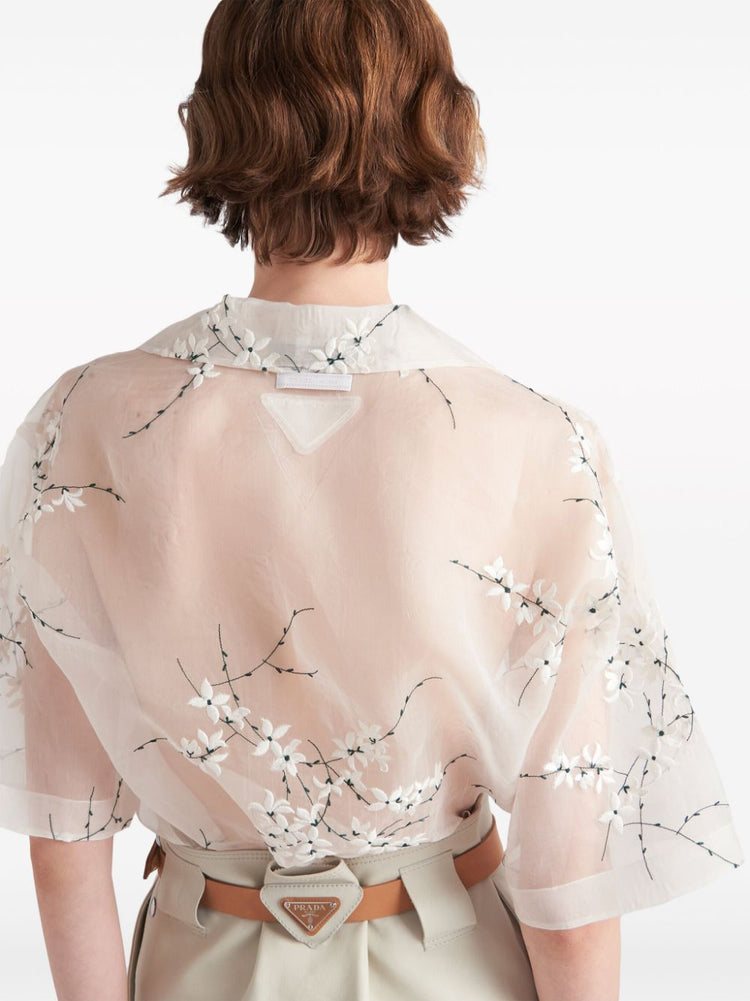 floral-embroidered short-sleeved sheer shirt