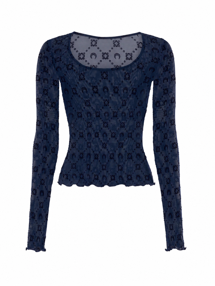 MOONOGRAM MESH FLOCK LS ROUNDNECK TOP