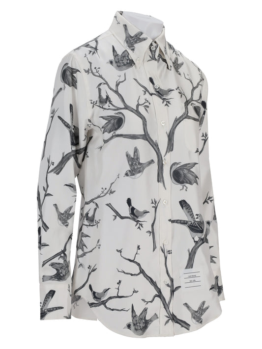 CLASSIC LONG SLEEVE BUTTON DOWN POINT COLLAR SHIRT IN ENGINEERED BIRD TOILE PRINTED SILK TWILL