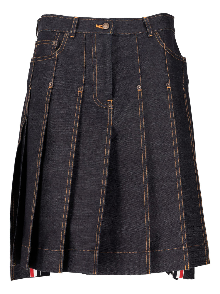 BERMUDA LENGTH CLASSIC 5-POCKET PLEATED SKIRT IN LT WEIGHT JAPANESE SELVEDGE DENIM