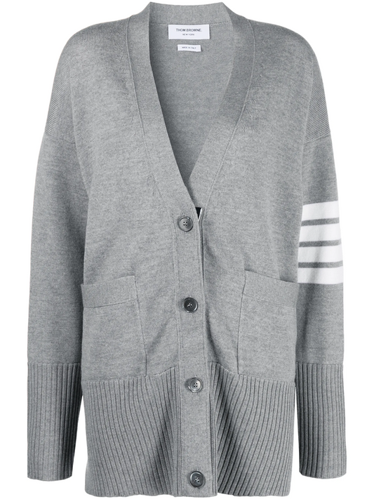 EXAGGERATED FIT V NECK CARDIGAN W/ 4 BAR STRIPE IN FINE MERINO WOOL