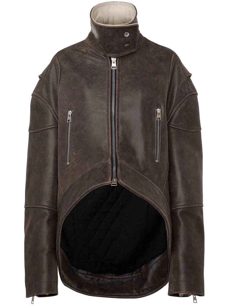 high-neck curved leather jacket