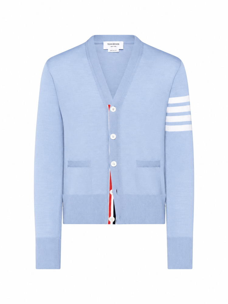 CLASSIC V-NECK CARDIGAN IN FINE MERINO WOOL W/ 4BAR STRIPES