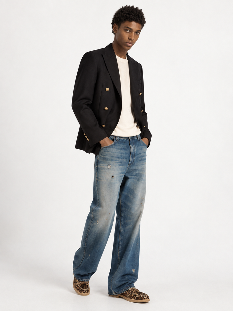 GOLDEN M'S DOUBLE BREASTED BLAZER COMPACT GABARDINE WOOL