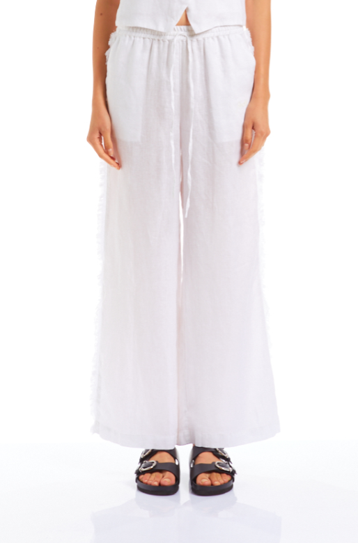 distressed-finish straight linen trousers