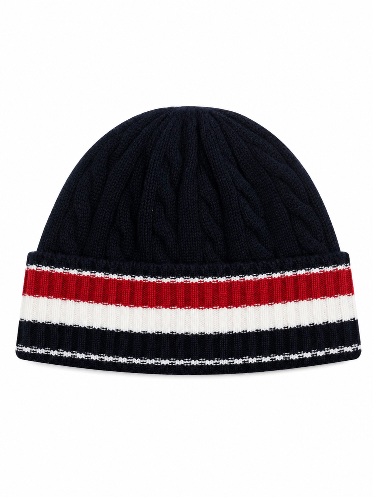 CABLE AND RIB BEANIE IN MERINO WOOL W/ RWB STRIPE