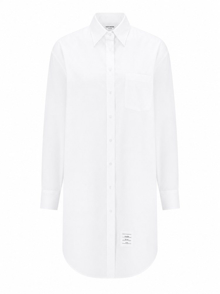 THIGH LENGTH POINT COLLAR SHIRTDRESS W/ RWB GROSGRAIN PLACKET IN SOLID POPLIN