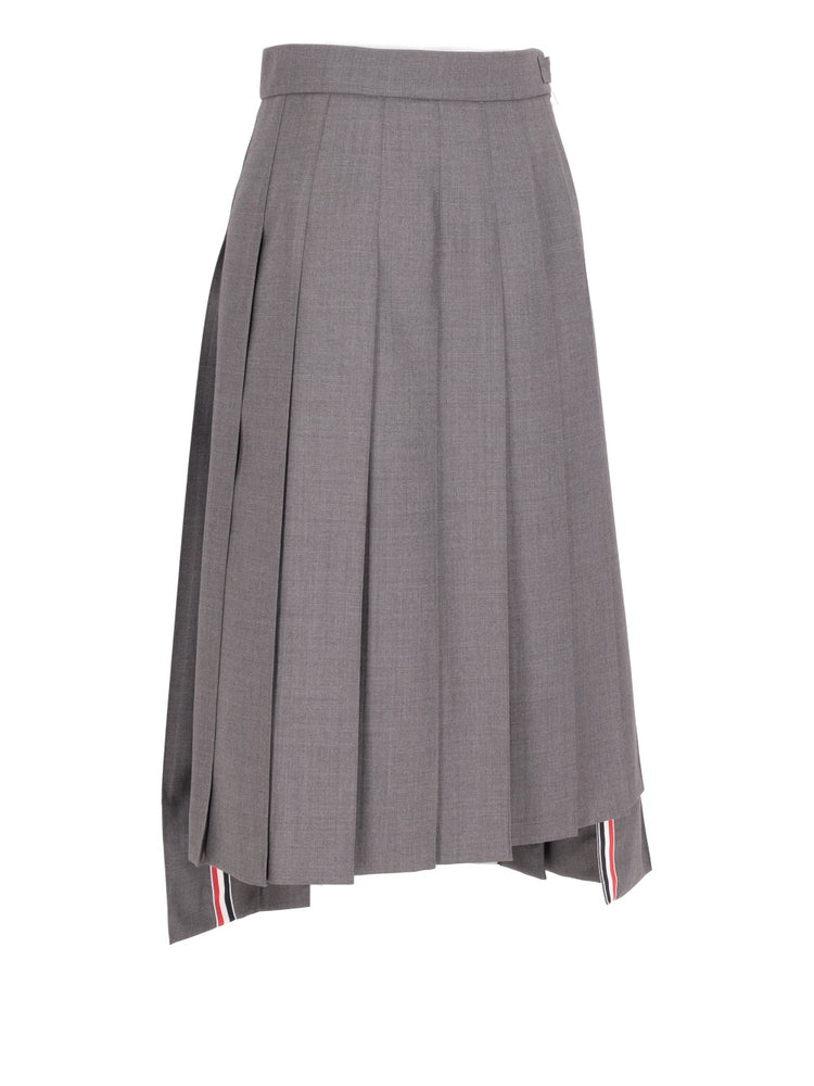 THOM BROWNE DARK GREY SUPER 120's TWILL BELOW KNEE PLEATED SKIRT