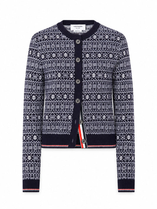 SNOWFLAKE FAIRISLE JERSEY FLOAT JACQUARD CREWNECK CARDIGAN IN FINE MERINO WOOL