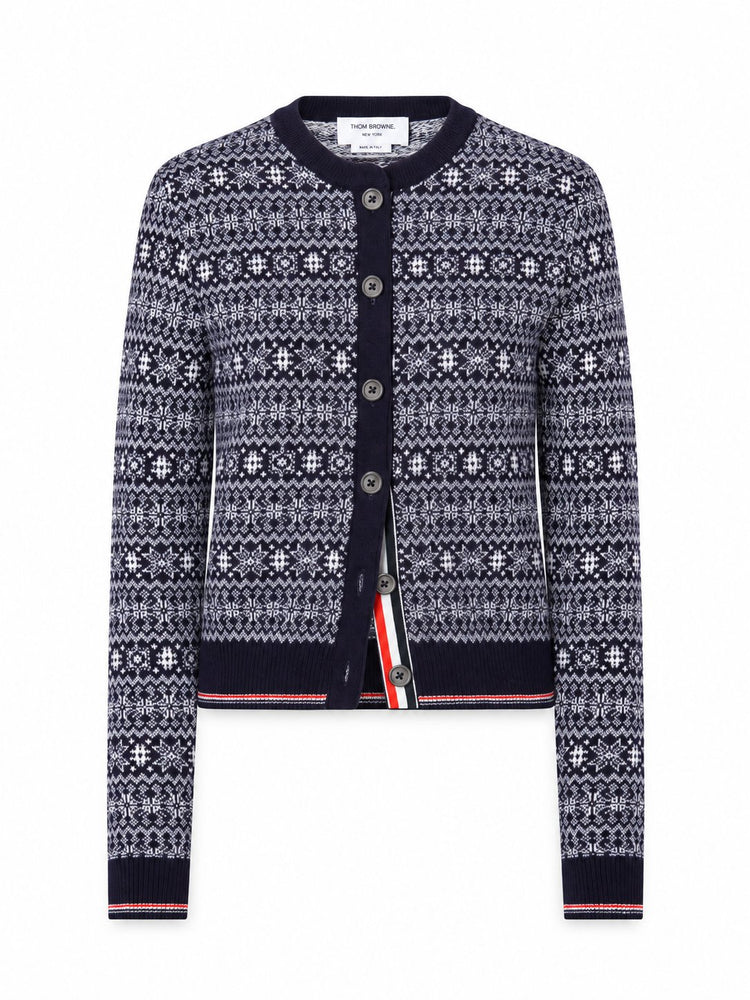 SNOWFLAKE FAIRISLE JERSEY FLOAT JACQUARD CREWNECK CARDIGAN IN FINE MERINO WOOL