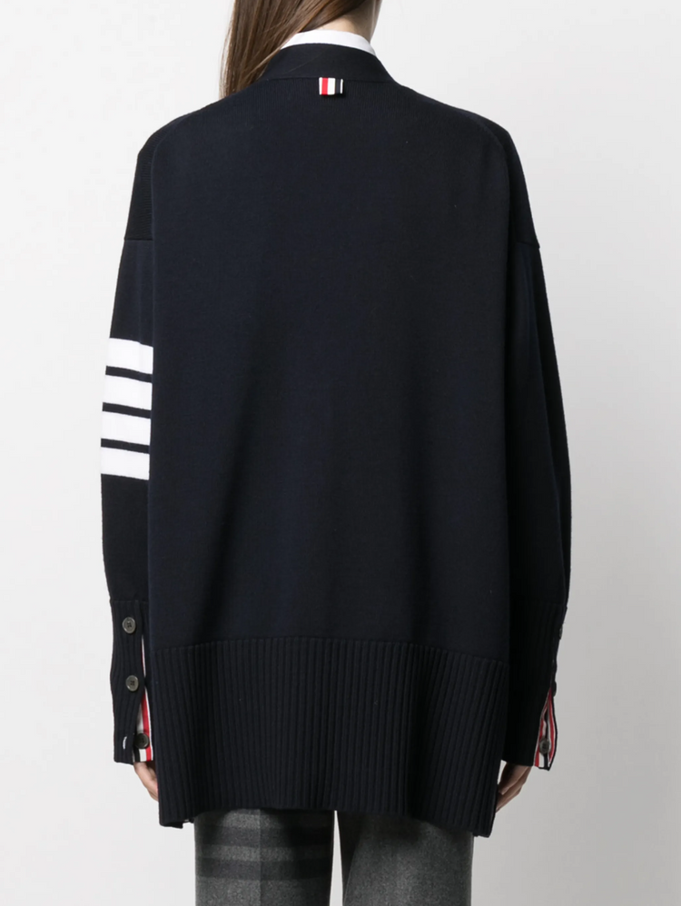 EXAGGERATED FIT V NECK CARDIGAN W/ 4 BAR STRIPE IN FINE MERINO WOOL