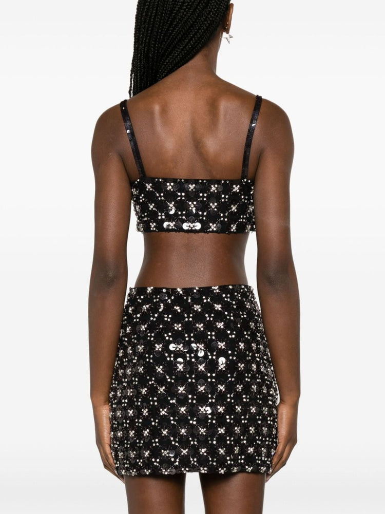 rhinestone-embellished mesh cropped top