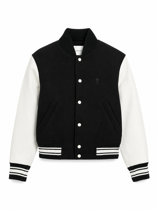 PADDED AMI PARIS TEDDY JACKET WITH LEATHER SLEEVES