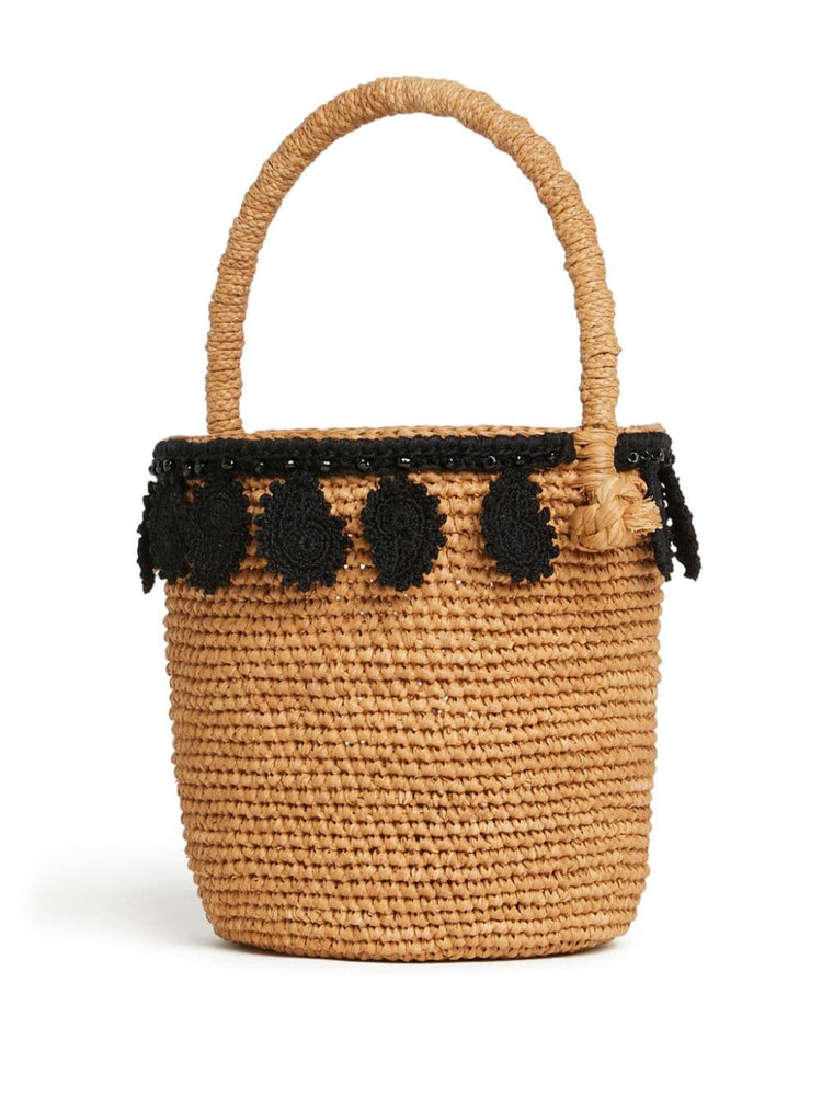 paisley-appliqué raffia basket bag