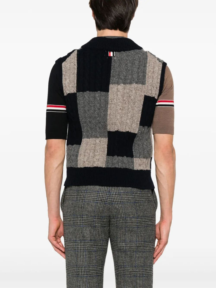 PATCHWORK BABY CABLE INTARSIA V NECK VEST IN DONEGAL