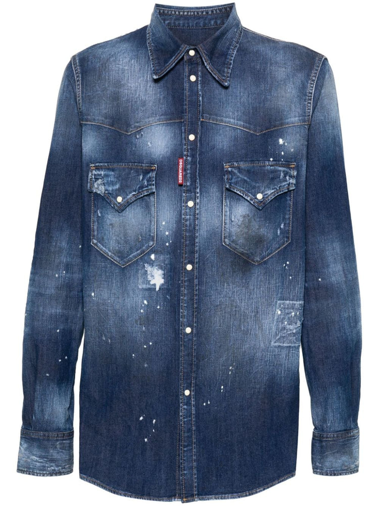 paint-splatter denim shirt