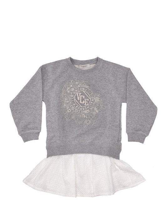 JOURNEY GIRL'S MELANGE SWEATSHIRT DRESS WITH SANGALLO COTTON SKIRT WITH EMBROIDERY