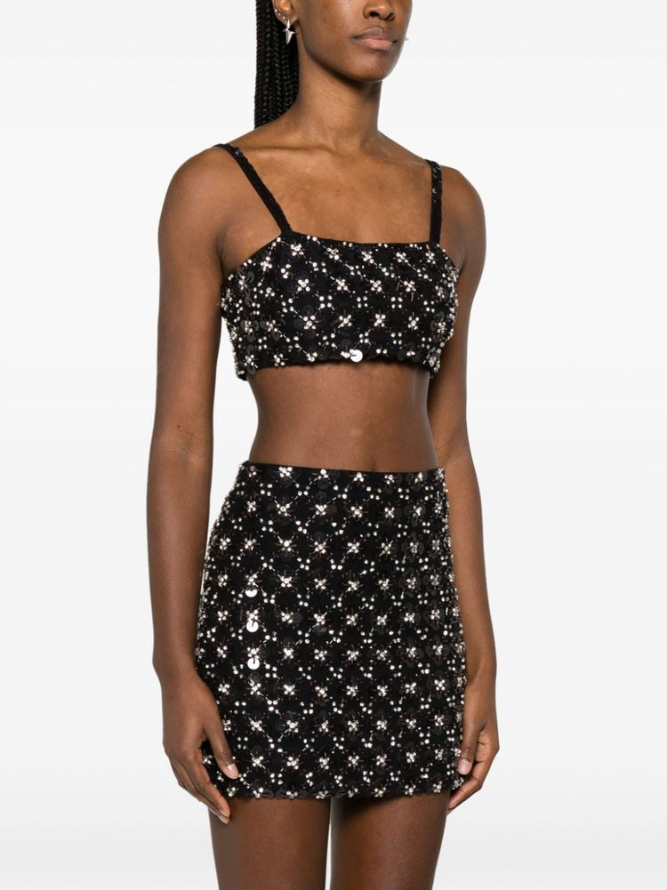 rhinestone-embellished mesh cropped top