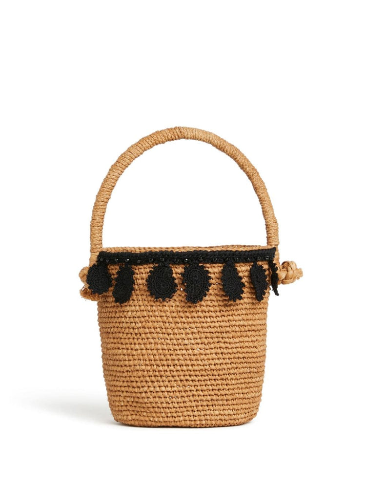 paisley-appliqué raffia basket bag