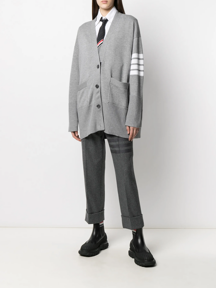 EXAGGERATED FIT V NECK CARDIGAN W/ 4 BAR STRIPE IN FINE MERINO WOOL