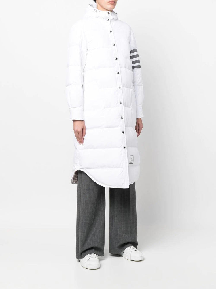 DOWN FILLED BELOW KNEE HOODED SHIRTDRESS W/ 4 BAR IN MILITARY RIPSTOP