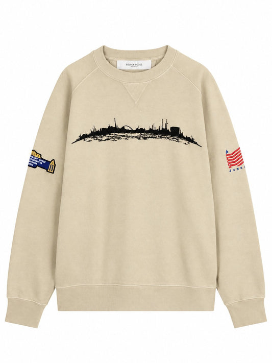 JOURNEY UNISEX GARMENT DYED OVER CREW NECK SWEATSHIRT COTTON FLEECE WITH PRINT AND PATCHES