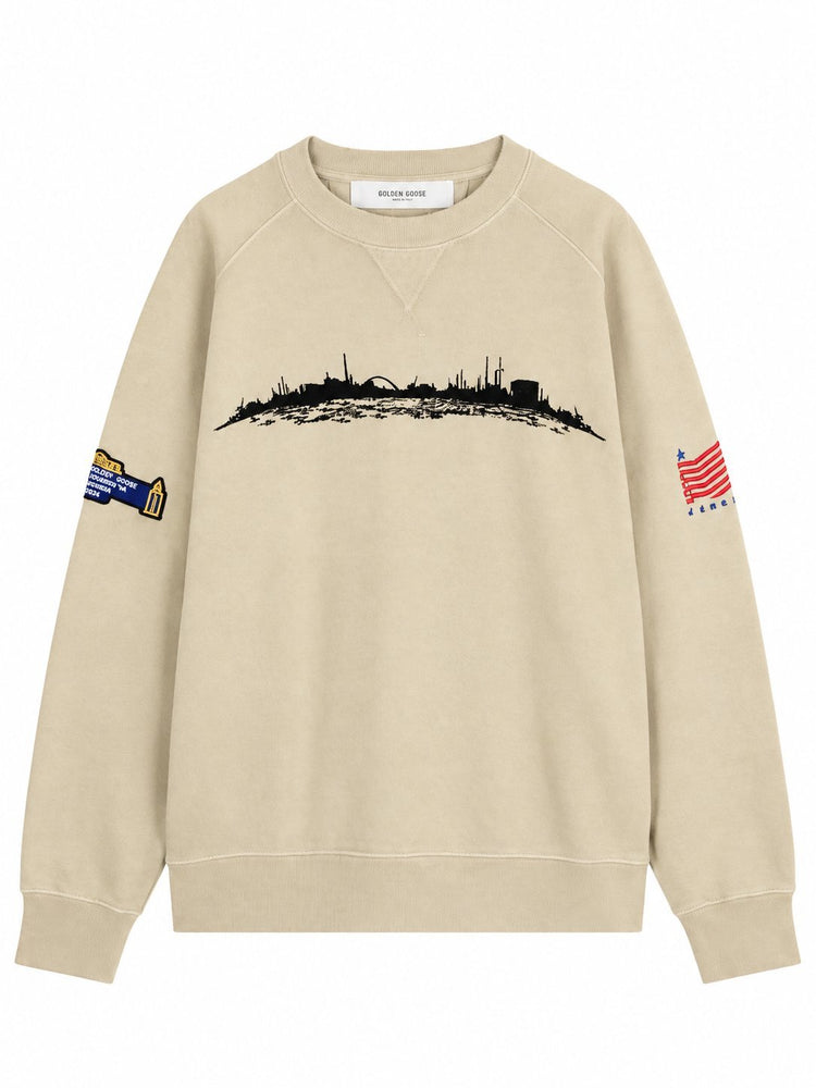 JOURNEY UNISEX GARMENT DYED OVER CREW NECK SWEATSHIRT COTTON FLEECE WITH PRINT AND PATCHES