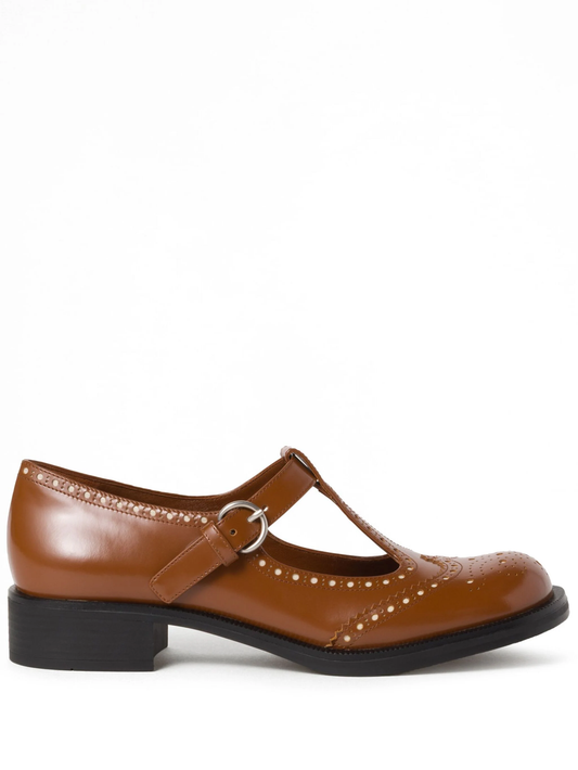 Brushed leather T-strap brogue shoes