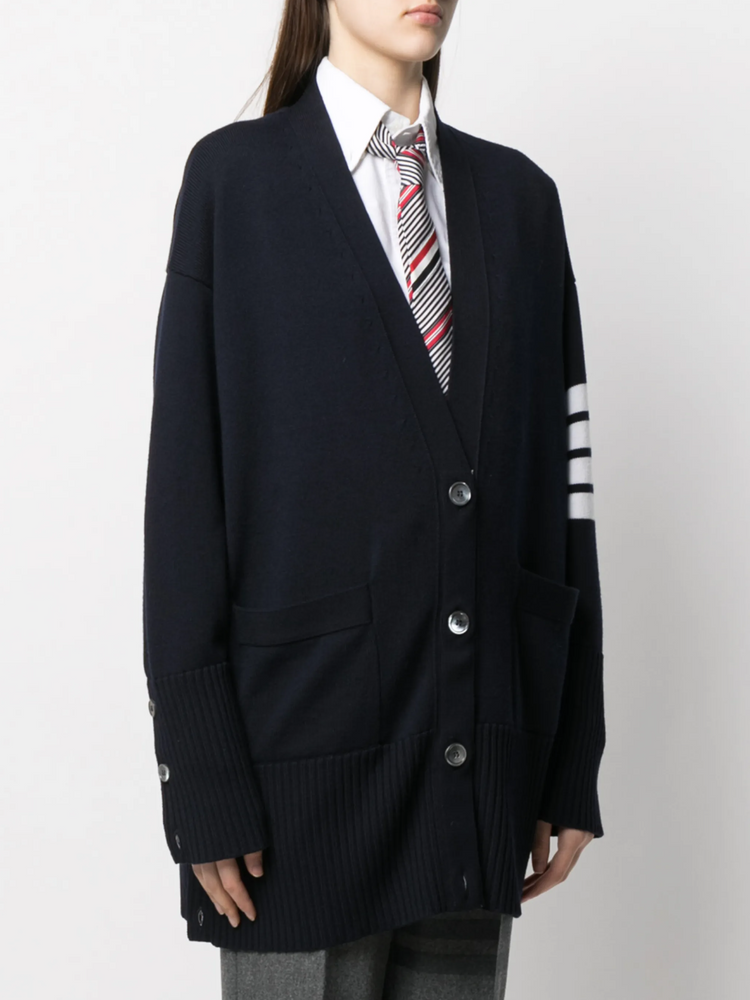 EXAGGERATED FIT V NECK CARDIGAN W/ 4 BAR STRIPE IN FINE MERINO WOOL