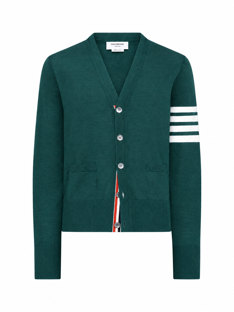 CLASSIC V-NECK CARDIGAN IN FINE MERINO WOOL W/ 4BAR STRIPES