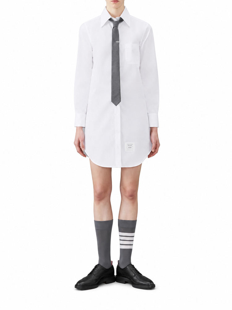 THIGH LENGTH POINT COLLAR SHIRTDRESS W/ RWB GROSGRAIN PLACKET IN SOLID POPLIN