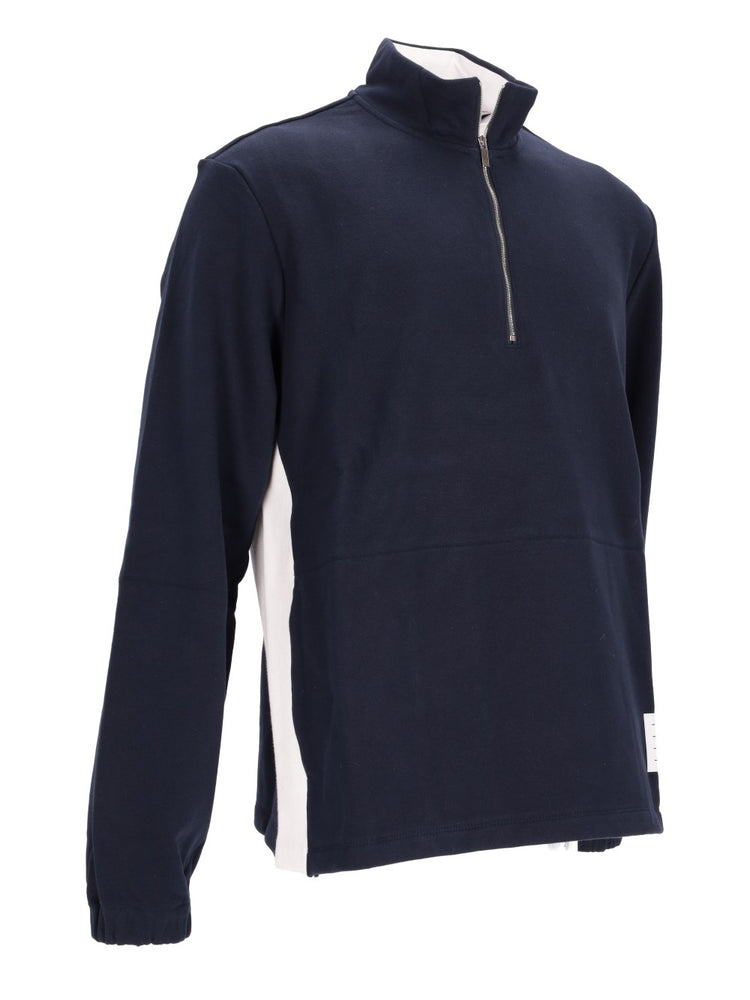 FUNNEL NECK HALF ZIP PULLOVER W/ ENGINEERED 4 BAR IN COLOR BLOCKED SOLID CLASSIC LOOPBACK JERSEY