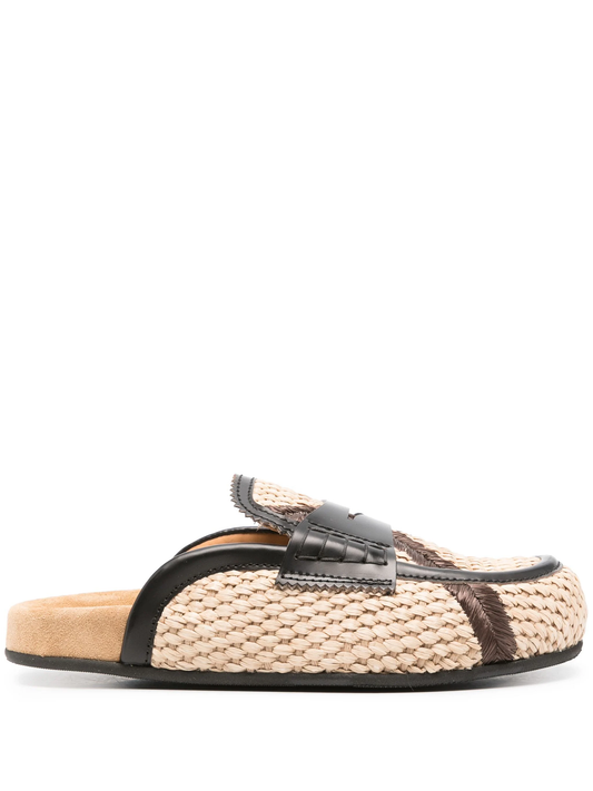 leather-trim raffia mules