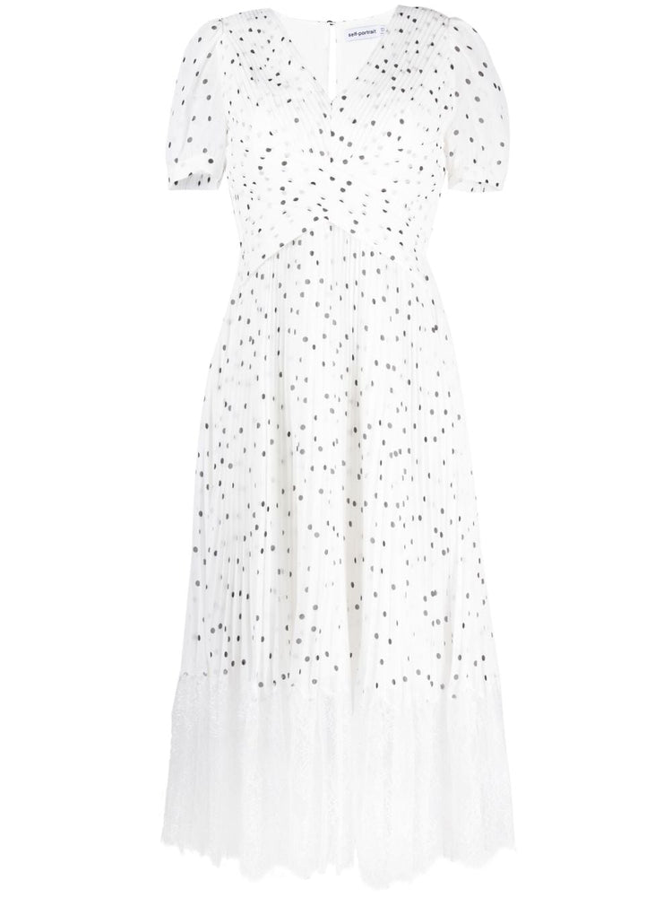 SELF-PORTRAIT lace-trim polka-dot midi dress